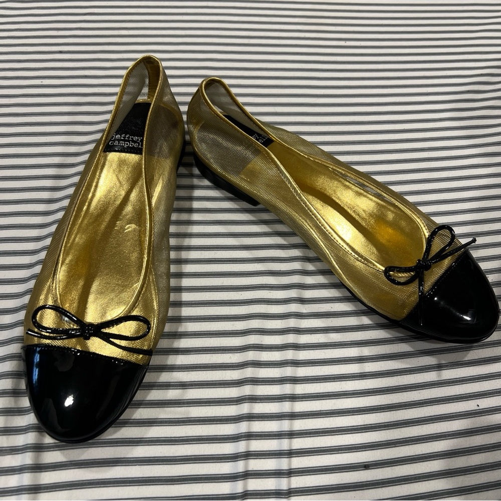 Jeffrey Campbell Gold and Black Flats with Two-Tone Design